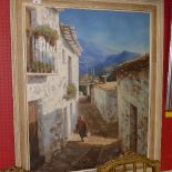 An oil on canvas of Mediterranean village scene with a Lady,