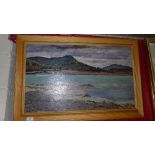 An oil on canvas estuary scene with hills in the distance