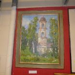 An oil on canvas Church Tower Bazanov circa 1960's framed