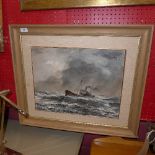 A framed oil on board of a ship in stormy waters,