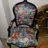A black painted fautieul with comic strip upholstery