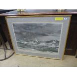 A signed Montagne Dawson print of ship in stormy waters also signed by Francis Chichesters
