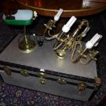 A steel travel trunk together with a brass chandelier and a desk lamp (A/F)