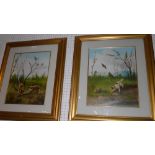 A pair of gouache studies of hunting scenes including a pair of foxes with a pheasant and a hound