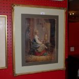 A Continental European watercolour, possibly Italian, in a period frame, 'Girl with Spinning Wheel',