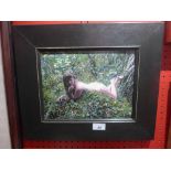 An oil on board study of a female nude in artist pose in a woodland setting with details verso