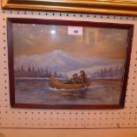 A watercolour of a man and woman paddling a Russian canoe on a lake in Wainter, signed HB Evan and