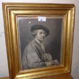 A framed proof print engraving of Joshua Reynolds, 'A present from J Lucas to John Sherwin', details