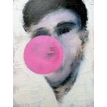 An oil on canvas of a girl blowing a bubble gum,
