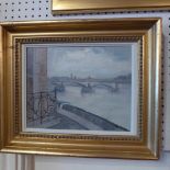 An oil on board view of the River Seine in a moulded gilt frame