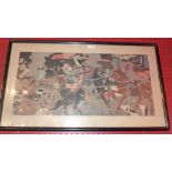 A C19th Japanese woodblock print of warriors in battle glazed and framed