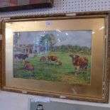 A watercolour landscape depicting a herd of cows beside a bridge over a river, signed Harry W.