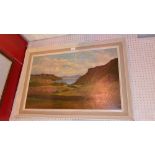 An oil on board landscape study of Loch Maree by David Mead in white painted frame and a