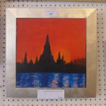 An oil on board Bangkok skyline by Aliso