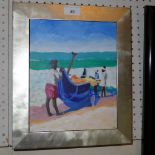 An oil on board beach boat scene by Alis