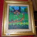 An oil on canvas country house and garden with family at play,