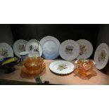 Three carnival glass bowls, a set of five Czech bird plates, a similar plate and two B&G