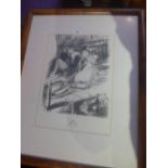 A glazed and framed print of a charcoal study of a lady and gent