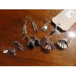 Four pairs of mainly Art Deco design silver earrings together with a silver plated pair