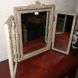 A painted distressed finish triple dressing table mirror.