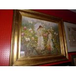 An oil on canvas depicting girls in flowering gardens in gilded frame.