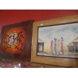 An African mixed media on canvas depicting figures and an African Batik