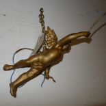 A French Napoleon III gilt spelter/Cupid form hanging lamp. 33cm L