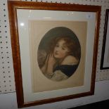 A mezzotint engraving by A Collier in a maple wood frame, a head and shoulder portrait of a young