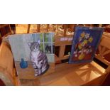 Three oil on board and oil on canvas paintings of cats by Mrs M Davis, two signed.