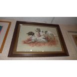 A lithograph by Spencer Roberts of two English setter dogs lying at attention, signed in pencil