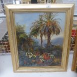 An oil on canvas tropical setting in a moulded gilt frame