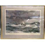 A signed Montague Dawson lithograph of a sailing vessel,