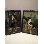 A pair of Chinese republic period reverse glass portraits of Guanyins in ebonised frames