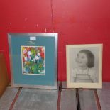 A fine composition painting of flowers, framed and glazed and a photograph of a small girl signed by