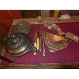 Two French silver plated crumb trays together with two pairs of carving knives and forks,