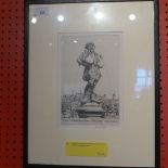 A signed etching by Wilfed Fairclough depicting a statue in a medievil setting