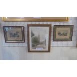 A signed C19th watercolour and a pair of C19th hand coloured engravings of scenes near London,