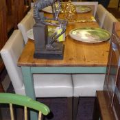 A pine provincial farmhouse table raised on green painted square supports H76 x W180 x D74