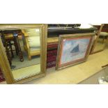 A giltwood framed rectangular wall mirror and a silver-gilt framed monet print (2)