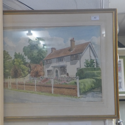 A watercolour of a country house by Lawrence Baker