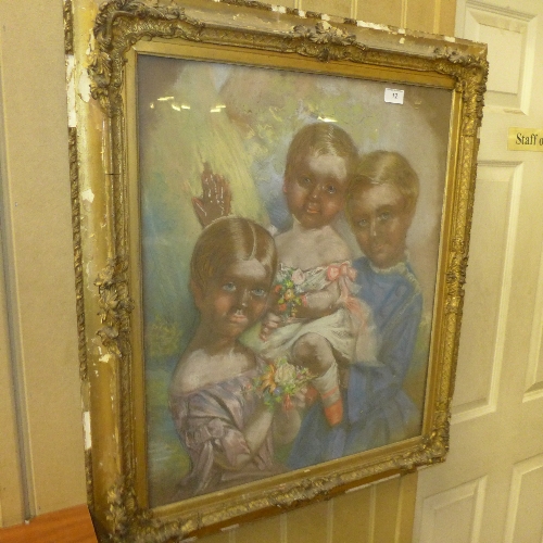 A pastel portrait of three young children