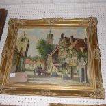 An oil on canvas Continental town scene