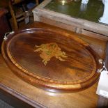 An inlaid mahogany oval tray and an oil on canvas marine scene