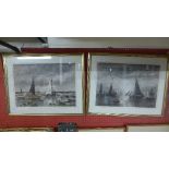 A pair of framed marine shipping monochrome studies and a pair of framed prints of Chinese junks