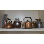 Two copper kettles, two oak biscuit barrels and other similar items.