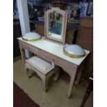 A painted console table with two frieze drawers on square supports and a similar stool and mirror (