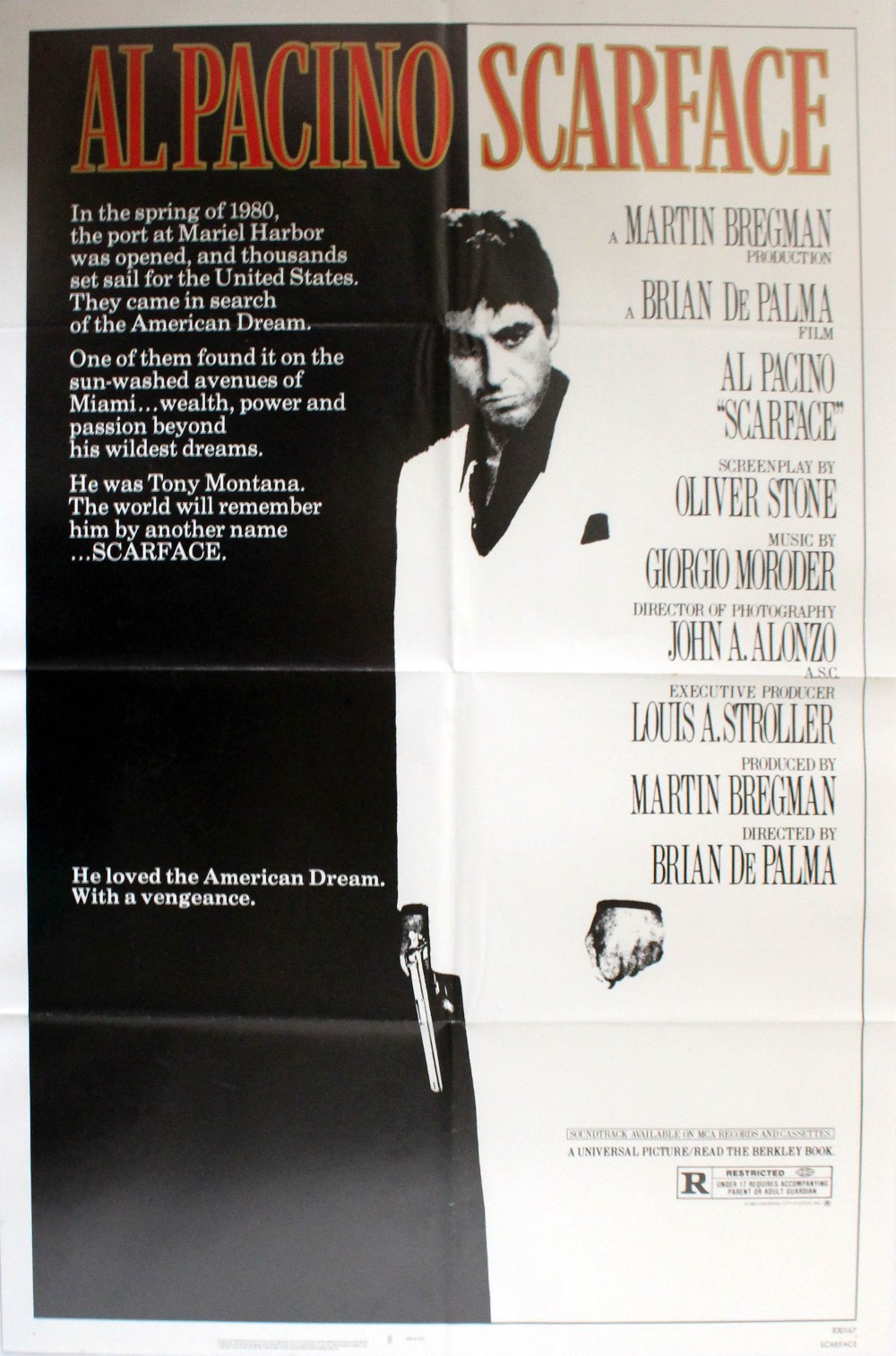 Original vintage movie poster for the award-winning film directed by Brian De Palma, Scarface,