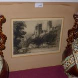 An unframed engraving of Durham Cathedral (from the wear) by J. Brewer, signed in pencil.