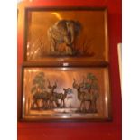 A near pair of pictures of African animals in relief on a copper ground, one signed 'Harmony' the