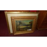 A C19th Romantic School moonlit landscape with three figures, signed 'Stuart', in a gilt frame (a/f)